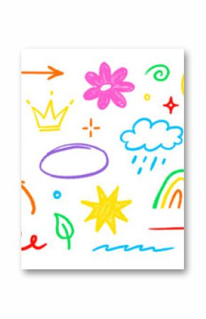 Hand drawn crayon child pencil style icon set. Cute rainbow, heart, crown, flower and sun in colorful kid doodle style. Chalk texture, cloud, smile, star and sketch figure for play or school design