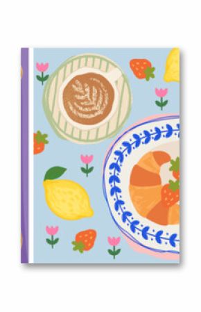 Coffee and croissant. Vector cute french illustration of seamless mediterranean pattern with dessert, lemon, strawberry, bean, cappuccino for cafe art poster, kitchen card, background or postage stamp