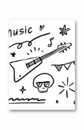 Music star doodle icon punk rock set. Hand drawn music sketch guitar, microphone, skull. Fun graffiti star shape doodle arrow, crown, speech bubble grunge decoration elements. Vector illustration