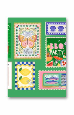  Italian and French summer Mediterranean postage stamps. Vector illustration of coffee, picnic, canned sardine, croissant, coffee beans, fish, lemon, pasta, shell, barbecue, cameo pattern, blue tile