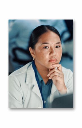 Computer, science and thinking with woman in laboratory for online development or research. Healthcare, innovation and problem solving with Asian scientist at desk for breakthrough or clinical trial