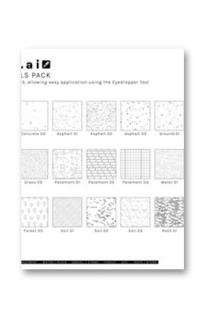Vector pattern texture cad set for landscape architecture. Includes concrete, asphalt, grass, pavement, water, gravel, soil, forest, and stone surfaces.
