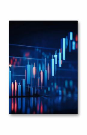 Stock market financial chart features blue candlesticks on a dar