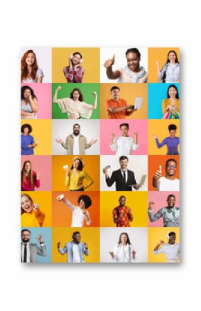 A vibrant collection showcases a multitude of faces from different backgrounds, each person exuding joy and positivity against a bright, colorful backdrop.