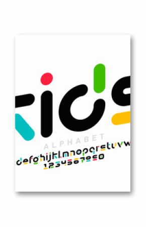 kids. Playful colorful original style font design, alphabet letters and numbers vector illustration