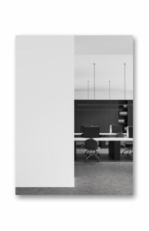 Modern office interior with blank wall for poster mockup, clean workspace layout with computers and large windows in bright minimal design. 3D Rendering