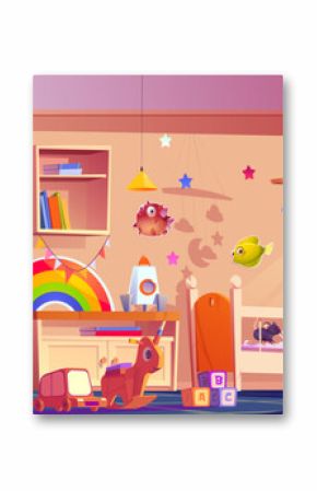 Man stands with back holding white cat in colorful kid nursery where mouse chewing on bedding in crib. Room with wooden furniture, bookshelf filled with toys scattered below, decorated with stars