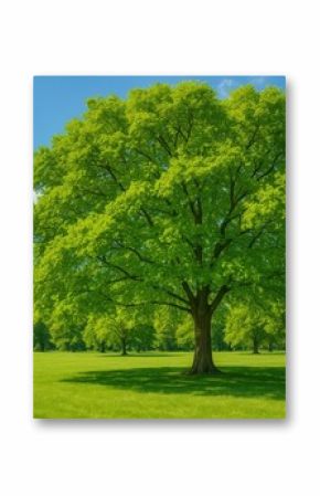 Lush foliage and towering trees in a serene park setting with vibrant summer hues and clear blue sky