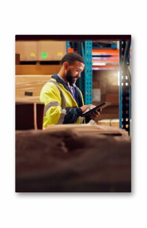 Tablet, logistics and reading with man in warehouse for quality control, supply chain and cargo. Shipping schedule, delivery and export with person for storage supervisor and digital inventory