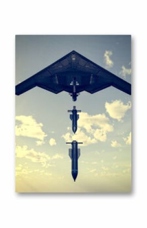 B-2 Spirit, Stealth Bomber, heavy strategic bomber, stealth technology designed to penetrate dense anti-aircraft defenses and GBU-57 MOP (Massive Ordnance Penetrator) bunker buster bomb. 3d rendering