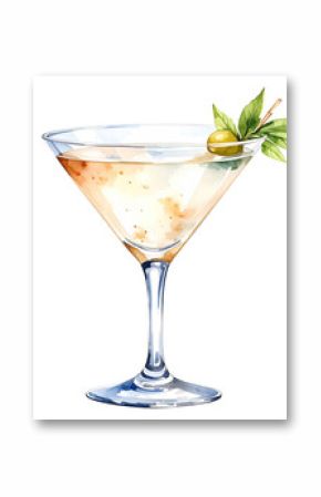 Watercolor illustration of a classic martini cocktail. Cocktail drink watercolor illustration on transparent background.