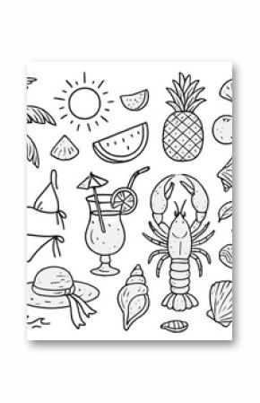 Summer beach elements with sun, fruits, drinks, and sea creatures captured in a fun doodle style illustration