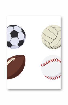 Set of sport balls including tennis, soccer, volleyball, basketball, football, baseball and golf.