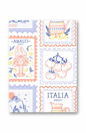 Summer Italy stamp seamless pattern. Italian postcard with lemon lobster boat. Amalfi beach background. Sea vintage print. Italy summer bg. Post stamp border. Seamless postage vector with Amalfi coast