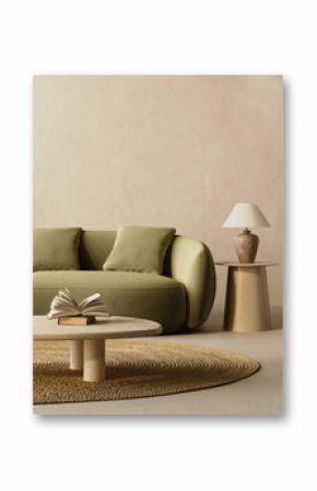 3d render of a Poster frame mock-up in green home interior background with lounge green sofa, table and decor in living room,  