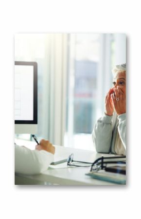 Doctor, patient and consultation with sinus for medical treatment, diagnosis or symptoms at clinic. Man, woman and sick client talking with healthcare worker for blocked nose or nasal inflammation