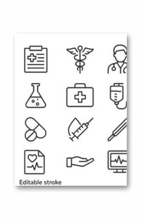 A set of editable stroke outline icons for hospital and medical health care is presented in a flat vector illustration isolated on a white background, with pixel perfection at 64 x 64 resolution