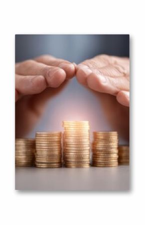 Businessman Protecting Stacked Coins with Hands Over Digital Grid Background Concept of Income Security and Wealth Protection in Finance