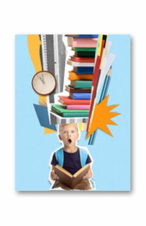 Young boy reads with awe as books, pencils, clock, and graphic shapes explode upward in creative learning collage, visualizing academic overload, discovery in school life. Concept of childhood