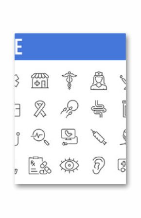 Medical and Healthcare web icons in line style. Medicine, RX, doctor, virus, testing, lab, scientific discovery, infographic collection. Vector illustration.