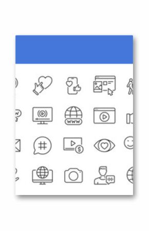 Social media and web icons in line style. Data analytics, blogging, seo, digital marketing, management, message, phone, collection. Vector illustration.