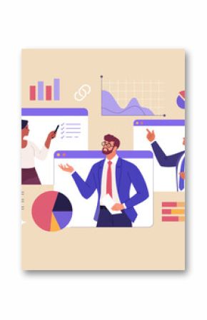 Online Business Analytics Concept. Vector illustration of diverse people in web page windows discussing statistical graphs. Isolated on background.