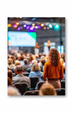 Woman standing among audience during interactive conference session with speaker on stage