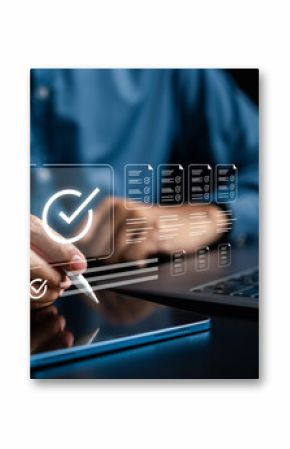 Digital checklist system with creative content review on tablet. Efficient solution for form approval, quality control, and digital documentation in online workflow.
