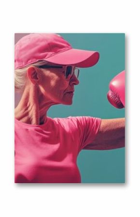 Determined Senior Woman in Pink Boxing Gear ready to fight her Illness