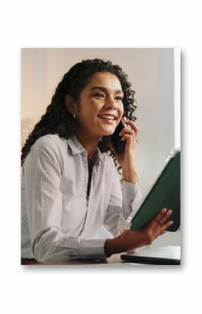 Happy woman, talking and phone call with tablet for discussion or project proposal at office. Female person, accountant or financial advisor with smile on mobile smartphone for business negotiation