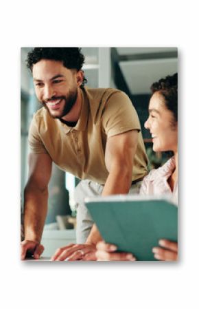 Laughing, meeting and colleagues with tablet, collaboration and humor for project, group and office. Happy, marketing coordinator and people with tech for campaign, teamwork and employees with jokes