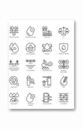 Water treatment line editable icon set. containing water filtration, aquifer,  filter, sewage treatment, drain, chlorinated, ultraviolet cleaning, and more. Editable stroke. Vector illustration