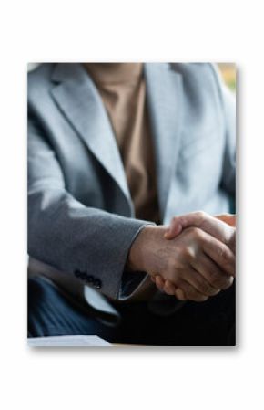 Partnership, teamwork and shaking hands for agreement, consulting or introduction in meeting