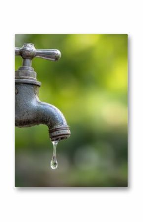 Outdoor faucet dripping water against a natural backdrop