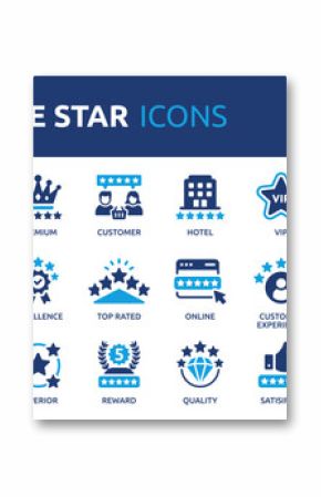 Five star icon set. Containing satisfaction, review, rating, premium, quality, 5 star, feedback, excellence and more. Solid vector icons collection.