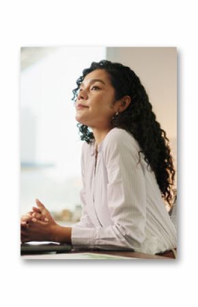 Business woman, thinking and laptop in office for legal research, case preparation or drafting will. Attorney, female person and advocate at law firm for court review, lawsuit idea or legislation