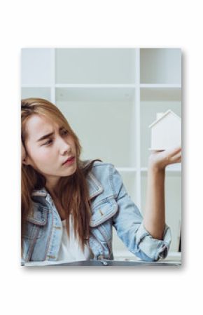 Young women teen in business office looking at home serious stress moody worry about house expense