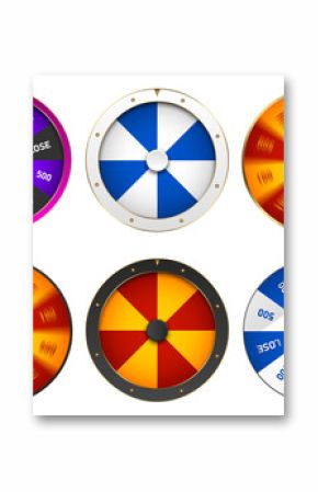 PNG collection of colorful casino spinning wheels with segments, jackpot areas, and motion effect isolated on transparent background. Perfect for games, icons, gambling, prizes, and app design