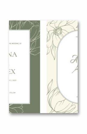 Luxury arch wedding invitation card, label with golden botanical leaves, flowers. Abstract floral art background vector design for wedding, business, birthday, postcards, covers. Line art style.