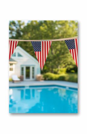 Independence day celebration. American flag bunting outdoor pool summer day patriotic holiday family, family gathering holiday, 4th july