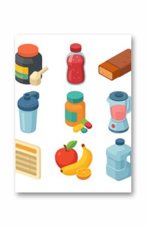 Nutrition Icon Set. Isometric Flat icon set of nutrition and supplements: protein powder jar, pre-workout drink, protein bar,