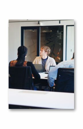 Woman, speaker and meeting with staff in office for discussion, planning and ideas for headline. Manager, talking and people listen to article feedback, brainstorming and proposal of online magazine