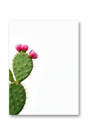 Blooming Opuntia cochenillifera cactus. Vivid pink flowers, green succulent plant. Desert garden botanical macro shot. Cactaceae beauty. Mexico flora natural beauty background, white backdrop, copy