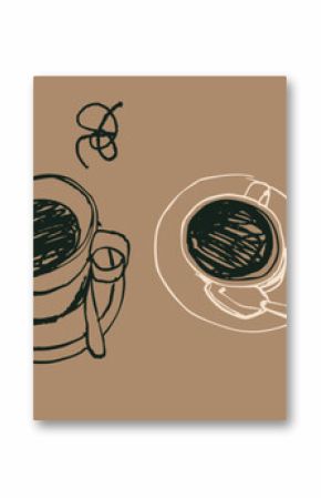 Black Coffee set. Cup, spoon, plate. Different views. Sketchy, quirky, grunge, artistic, doodle, trendy style. Aromatic, tasty coffee concept. Hand drawn Vector illustration. Isolated design elements