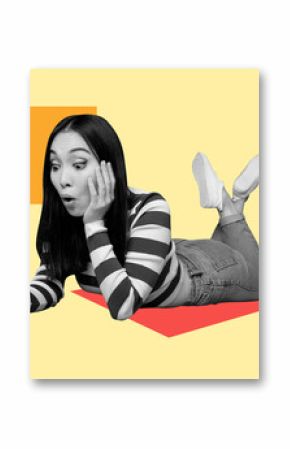 Image full trendy 3d collage poster of shocked girl surf smartphone freelancer occupation programming fake news propaganda