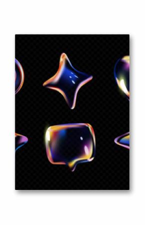 3d glass icon. Transparent shapes with refraction and hologram effect. Glassmorphism elements with pin, heart, star and speech bubble. Realistic vector illustration collection isolated on background