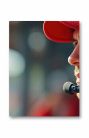 Race car engineer wearing red earphones, headset, focused expression. Professional motorsport team member in action during competition. Close-up portrait shows concentration, strategy, technology on