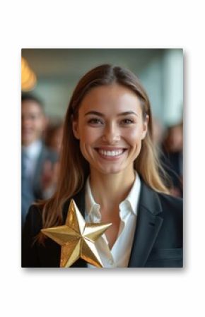 Woman in black suit confidently holds golden star award. Group of people in background smile, applaud, celebrate success. Elegant, pro, happy businesswoman stands proudly, shining with joy,