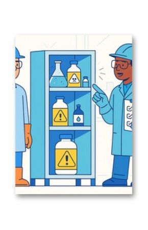 Two lab workers discussing chemical safety procedures in a laboratory with hazardous materials on shelves in a light, creative environment. Ai generative
