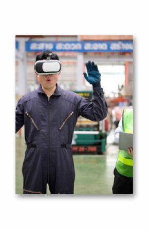 Engineer or technician wearing virtual reality glasses(VR) in containers warehouse storage